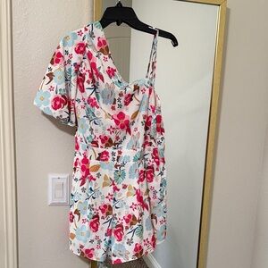 Floral One-Shoulder Romper in White, Pink & Blue
